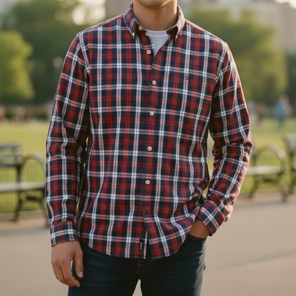 Tommy Hilfiger Mens Slim Fit Plaid Button Down Shirt Red Blue White  L Patriotic